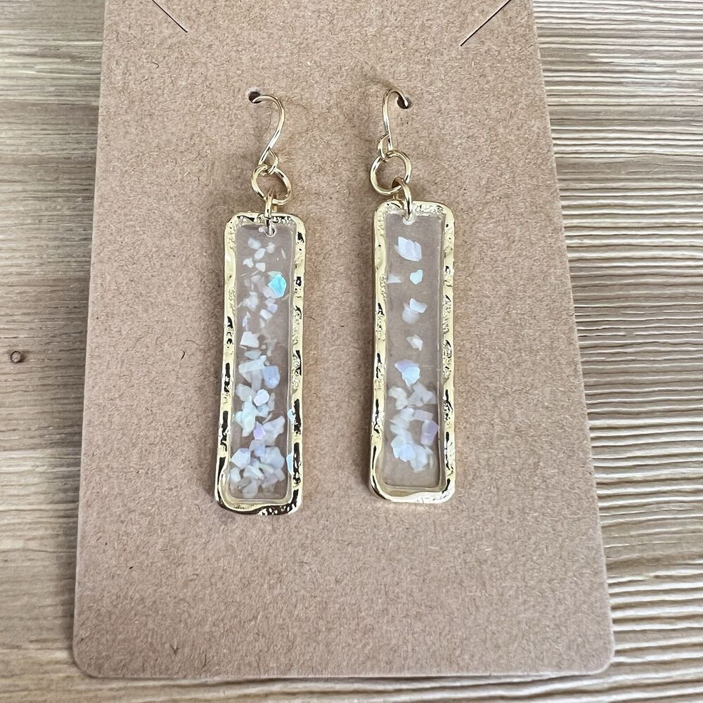 NEW Embedded Mother‎ Of Pearl Flecks Rectangle Textured Metal Dangle Earrings